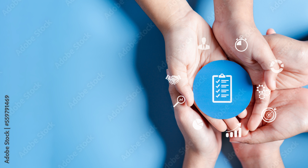 Aufkleber business hands holding account management icon, dartboard and arrow for creative and set up business