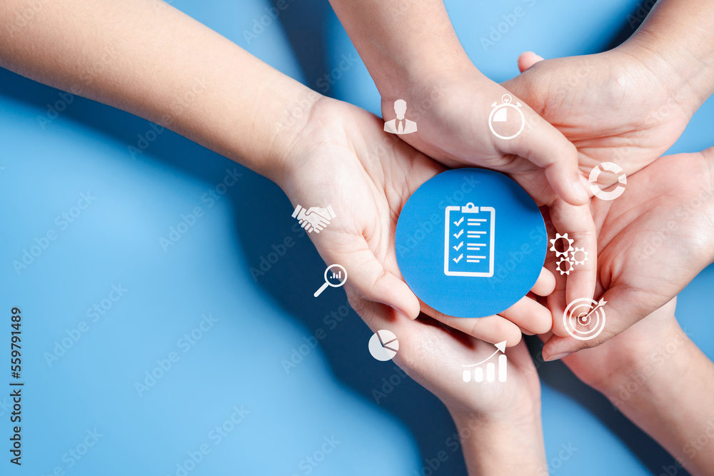 Aufkleber business hands holding account management icon, dartboard and arrow for creative and set up business