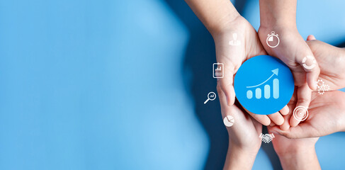 Hands holding chart growth with business target planning development leadership and customer target...