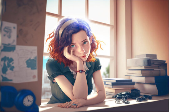 Cute girl holding her head with her hands and looking at the camera. Bored in the office. Nice looking female portrait, generative AI illustration