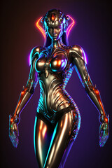 Alien female with a beautiful body highlighted by neon, colorful. Dressed in a metal costume armor dress. Generative AI illustration
