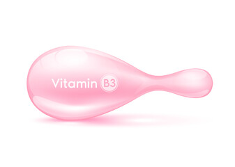 Cosmetic capsule Vitamin B3 or Collagen antibiotic gel pill template for repair Skin care anti age and Hair. Serum capsule pink 3D realistic isolated on white background. Vector EPS10.