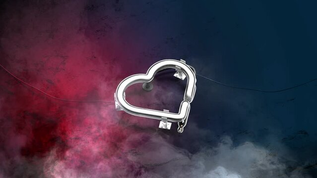 Neon red heart sign illuminated dark marble wall, looped switch