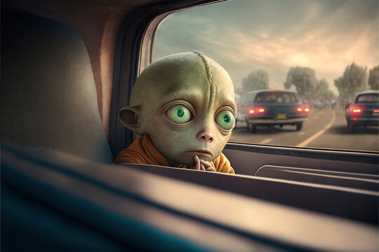 Cute alien monster sitting in the car stuck in traffic. Sad face with big eyes. Generative AI illusration