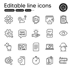 Set of Technology outline icons. Contains icons as Fake news, Customisation and Seo strategy elements. Search analysis, Eye, Wallet web signs. Shield, Journey, Touchscreen gesture elements. Vector