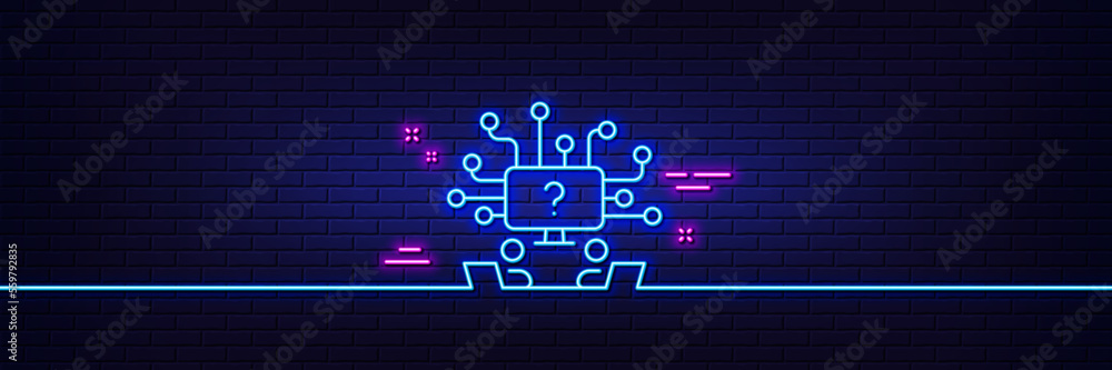 Poster neon light glow effect. teamwork question line icon. ask help sign. outsource support symbol. 3d lin