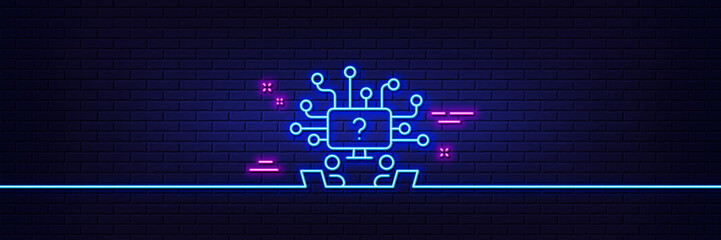 Neon light glow effect. Teamwork question line icon. Ask help sign. Outsource support symbol. 3d line neon glow icon. Brick wall banner. Teamwork question outline. Vector
