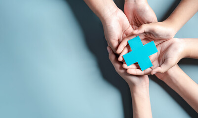 Health insurance concept. people hands holding plus and healthcare medical icon, health and access...