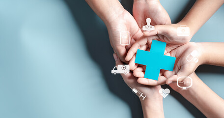 Health insurance concept. people hands holding plus and healthcare medical icon, health and access to welfare health concept. - obrazy, fototapety, plakaty