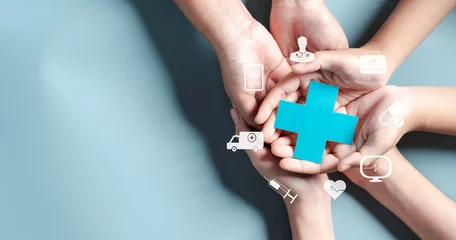 Photo sur Aluminium Pharmacie Health insurance concept. people hands holding plus and healthcare medical icon, health and access to welfare health concept.