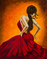 Flamenco dancing girl, professional flamenco dancer. oil painting - obrazy, fototapety, plakaty