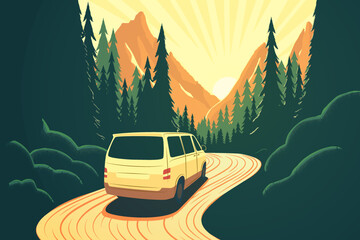 The minivan is driving along a winding forest road. Mountain landscape. Sunset. Vector flat illustration. Van life. Travel by car. - obrazy, fototapety, plakaty