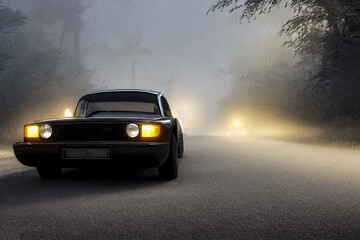 A black car is driving on the road at night, fog, dark background.