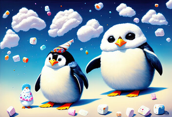 Fototapeta premium painting of a fluffy happy penguin chick with marshmallows flying everywhere. Generative AI