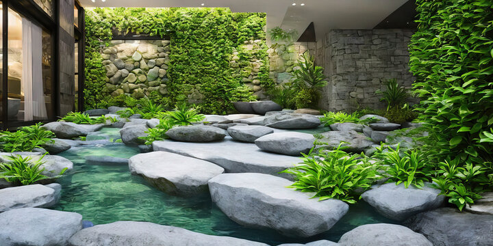Transform your space with this beautiful image of a room featuring decorative stones, water, and greenery creating an indoor natural river. Perfect for adding a touch of nature to any setting.