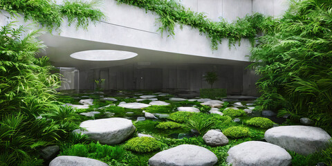 Indoor zen garden, concrete, water, greenery