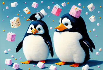 Fototapeta premium painting of a fluffy happy penguin chick with marshmallows flying everywhere. Generative AI