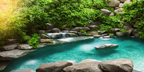 Find peace and tranquility in this image of a wellness spa featuring a natural pool, surrounded by a lush green wall and various green plants. Perfect for promoting relaxation and nature-inspired well