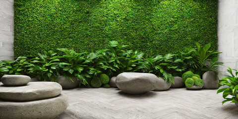 Wellnes spa indoor, green wall, natural stones - obrazy, fototapety, plakaty