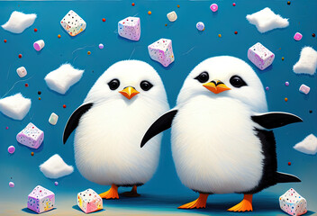 painting of a fluffy happy penguin chick with marshmallows flying everywhere. Generative AI