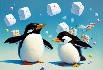Fototapeta premium painting of a fluffy happy penguin chick with marshmallows flying everywhere. Generative AI
