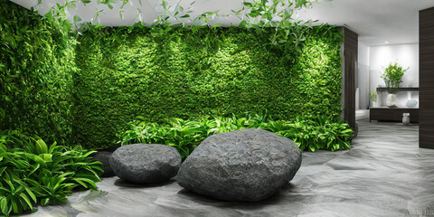 Wellnes spa indoor, green wall, natural stones - obrazy, fototapety, plakaty