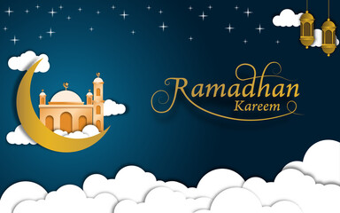 ramadan kareem banner with paper cut forming mosque, moon, arabic lantern and clouds. very suitable for the commemoration of Islamic holidays, the month of Ramadan