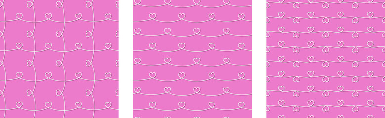 Three stylish pink seamless patterns with hearts connected by a line. Line drawing.