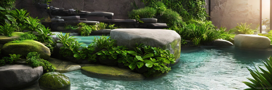 This image captures a serene indoor spa scene with natural elements such as a spa pool, greenery and wood. Perfect for promoting wellness & relaxation.