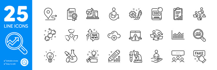 Outline icons set. Chemical hazard, Online warning and Money diagram icons. Microscope, Teamwork, Chemical formula web elements. Journey, Online chemistry, Recovery ssd signs. Vector