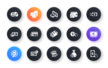Money and payment icons. Cash, Wallet and Coins. Account cashback classic icon set. Circle web buttons. Vector