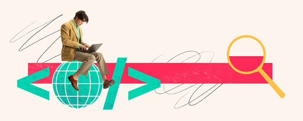 Contemporary art collage. Conceptual design. Young man, employee working on laptop, web developer. IT department. Banner