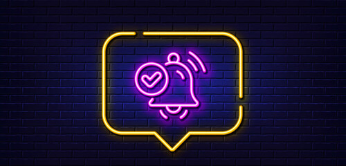 Neon light speech bubble. Notification received line icon. Selected reminder sign. Alarm bell symbol. Neon light background. Notification received glow line. Brick wall banner. Vector