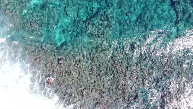Oc&eacute;an indien film&eacute; par drone sur l'&icirc;le de la R&eacute;union. Coraux et eau bleu turquoise transparente avec vague et houle sur le sable de la plage.