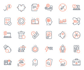 Science icons set. Included icon as Engineering documentation, Cogwheel and Signing document web elements. Covid test, 360 degrees, Medical tablet icons. Medical mask, First aid. Vector