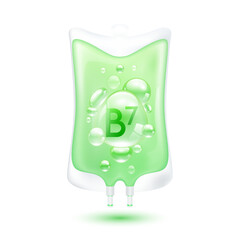 Vitamin B7 serum bubbles collagen green inside plastic saline bag. IV drip vitamins minerals beauty skincare intravenous. Medical concept. Isolated realistic on white background 3D vector.