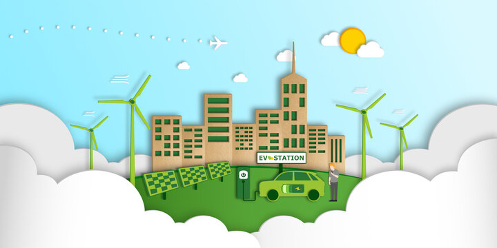 Renewable energy concept, Environmentally sustainability ecological, City with Electricity from wind power generators, Solar panels, Green power technology connected to smart urban and Eco friendly.