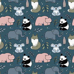 Seamless Pattern with Cartoon Animal Design on Dark Blue Background