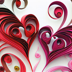Red heart curling paper as greeting card for expession of love concept made with Generative AI. Valentine day or Mother Day or Birthday card concept