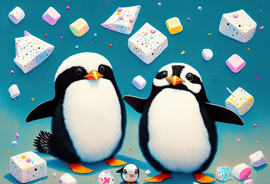 painting of a fluffy happy penguin chick with marshmallows flying everywhere. Generative AI