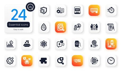 Set of Science flat icons. Education, Computer keyboard and Nurse elements for web application. Ssd, Teamwork, Partnership icons. Timer, Web system, 3d app elements. Puzzle, Seo gear. Vector