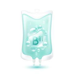 Vitamin B11 serum bubbles collagen green inside plastic saline bag. IV drip vitamins minerals beauty skincare intravenous. Medical concept. Isolated realistic on white background 3D vector.