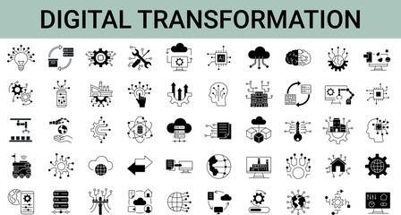 Set of 50 digital transformation simple icons. Collection of line icons as digital services, internet, cloud computing, technology. Editable stroke.  Vector illustration