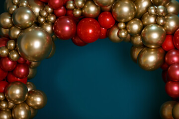 Arch of red and bronze balls on a green background