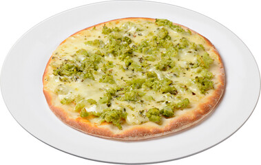 Pizza. Small  broccoli pizza on white plate isolated on transparent background