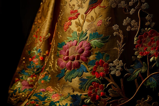 Wonderful embroidered imperial chinese silk fabric with rich golden stumpwork and royal ornaments