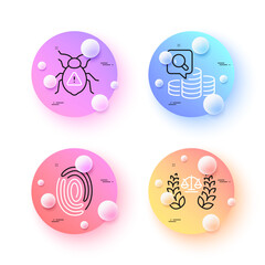 Software bug, Fingerprint and Justice scales minimal line icons. 3d spheres or balls buttons. Inspect icons. For web, application, printing. Cyber virus, Finger identify, Judgement. Vector
