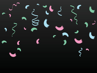 Many Falling Colorful Tiny Confetti And Ribbon On Black Background. Celebration Event and Party. Multicolored. Vector