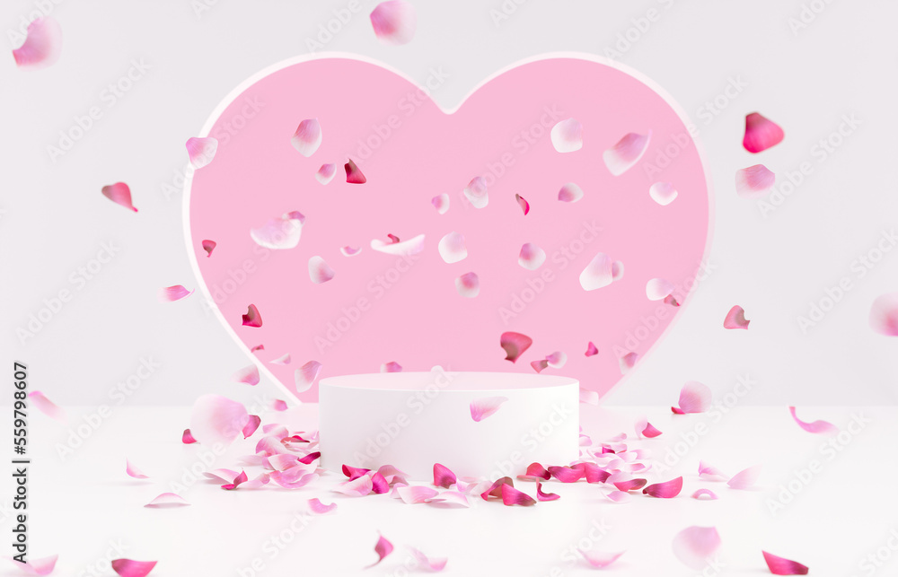 Poster valentine's day podium backdrop with rose petals background. 3d rendering.