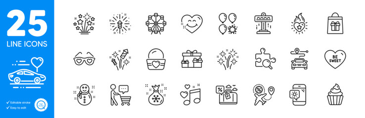 Outline icons set. Travel loan, Search puzzle and Ice cream icons. Santa sack, Love music, Fireworks web elements. Fireworks explosion, Holidays shopping, Journey signs. Snowman. Vector